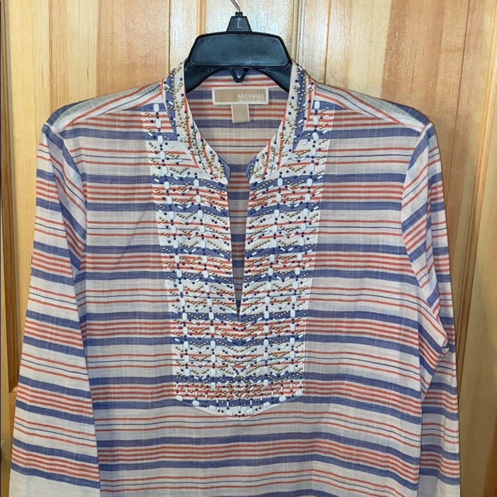MICHAEL KORS STRIPPED BEACH TUNIC WITH BEADS